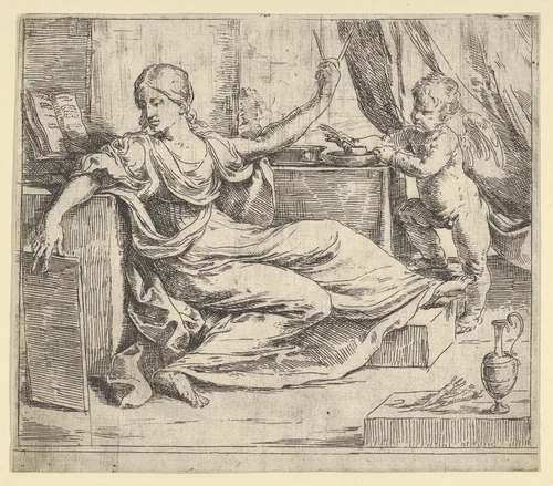 Seated woman holding a tablet and compass (allegory of learning), a winged putto at right by Guido Reni, print, 1595-1645