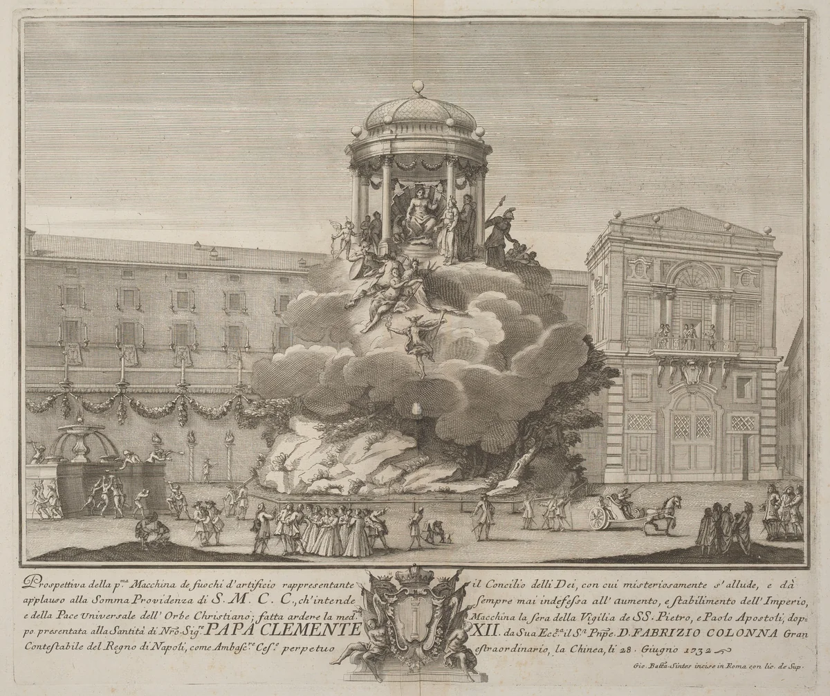 The Prima Macchina for the Chinea of 1732: The Council of the Gods by Giovanni Battista Sintes; Nicola Michetti, print, 1732