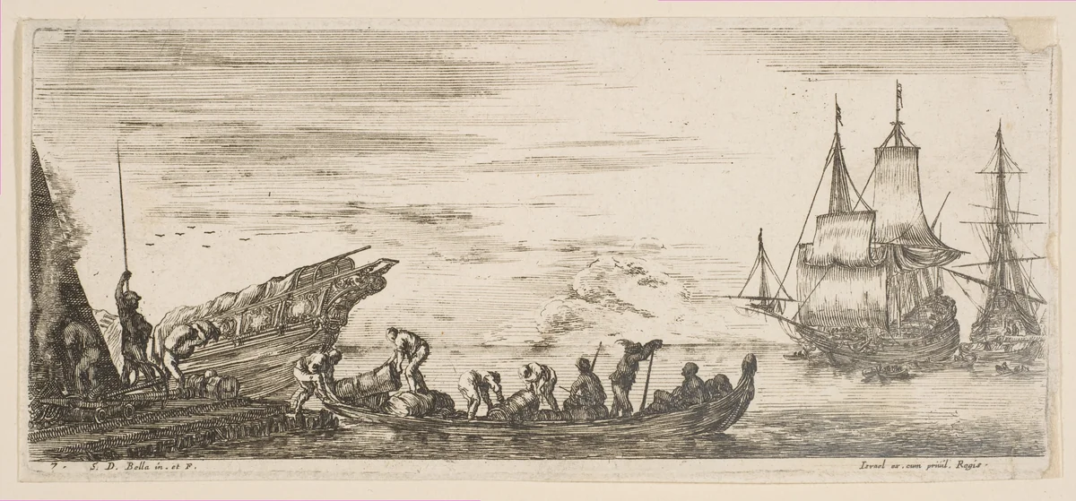 Plate 7: merchandise loaded onto a boat, two galleys in the background to right, from 'Various Embarkations' (Divers embarquements) by Stefano della Bella, print, 1641-1652