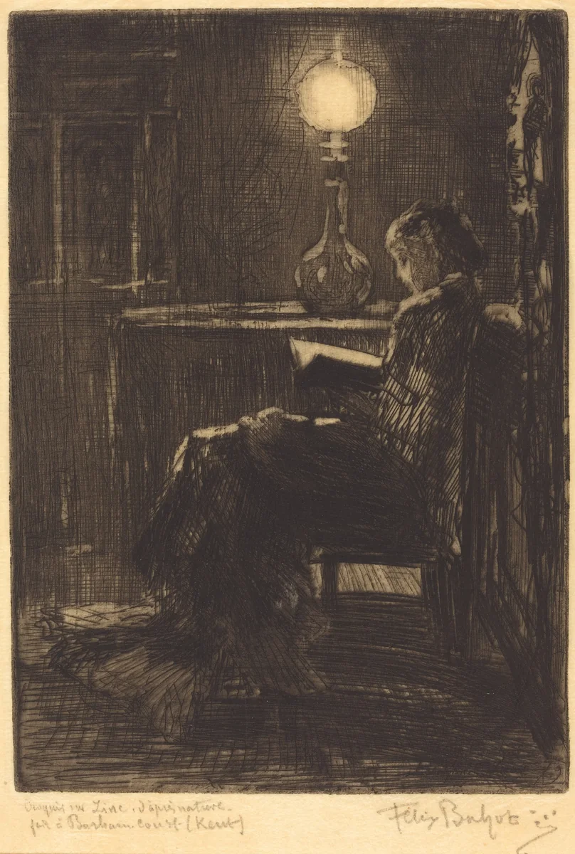 Liseuse à la Lampe (Woman Reading by Lamplight) by Félix-Hilaire Buhot, print, 1879