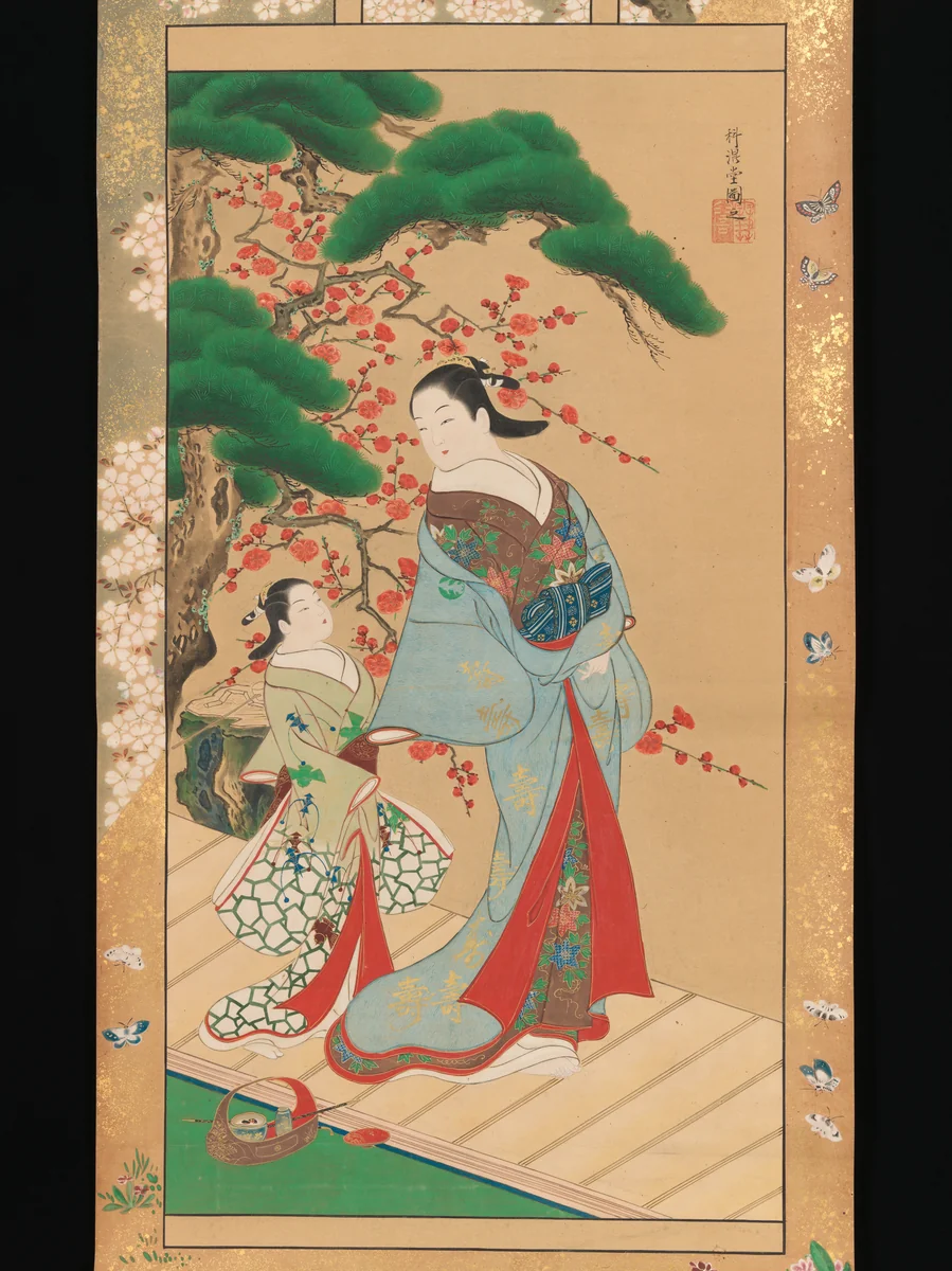Courtesan and Attendant in Early Spring by Kakondō, painting, 1716-1736