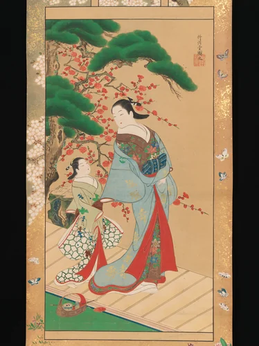 Courtesan and Attendant in Early Spring by Kakondō, painting, 1716-1736