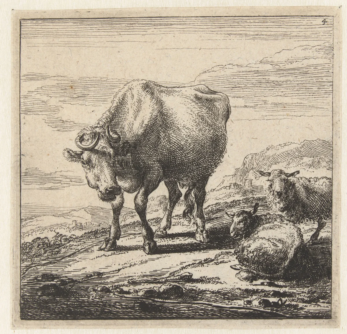 Koe en twee schapen by Nicolaes Pietersz Berchem, print, 1644