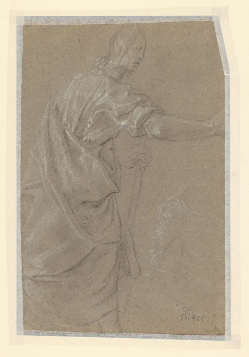 Staande man en klein figuur op achtergrond by anonymous, drawing, 1610-1630