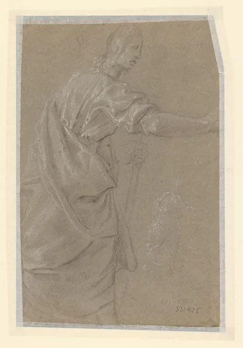 Staande man en klein figuur op achtergrond by anonymous, drawing, 1610-1630