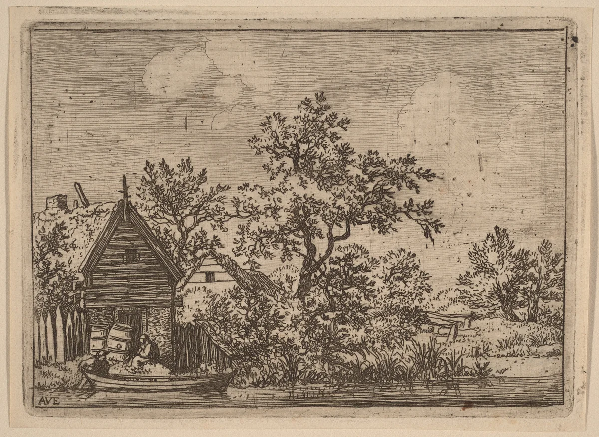 Two Casks in Front of a Cottage by Allart van Everdingen, print, 1645-1656