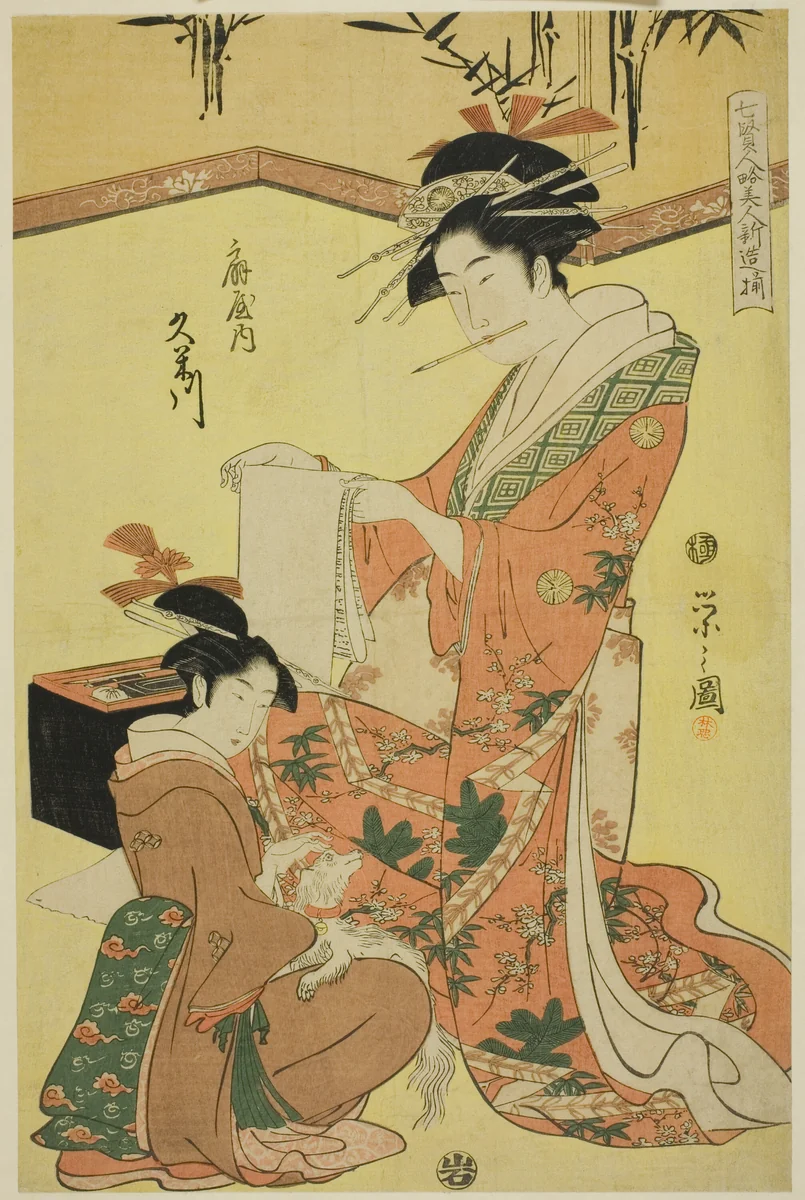 Beauties Parodying the Seven Sages - A Selection of Younger Courtesans (Shichi kenjin yatsushi bijin shinzo zoroe): Kumegawa of the Ogiya by Chobunsai Eishi, print, 1788-1798