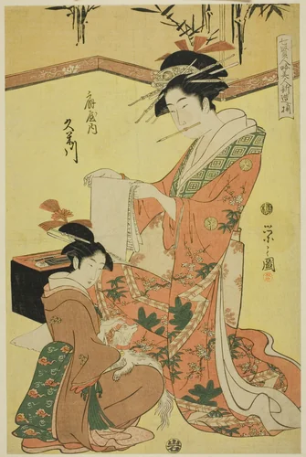 Beauties Parodying the Seven Sages - A Selection of Younger Courtesans (Shichi kenjin yatsushi bijin shinzo zoroe): Kumegawa of the Ogiya by Chobunsai Eishi, print, 1788-1798