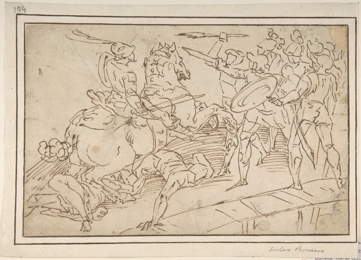 Horatius Cocles Defending the Bridge by Luca Cambiaso, drawing, 1527-1585
