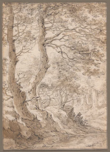 A Forest Interior, with a Seated Figure by Herman Saftleven, drawing, 1629-1685