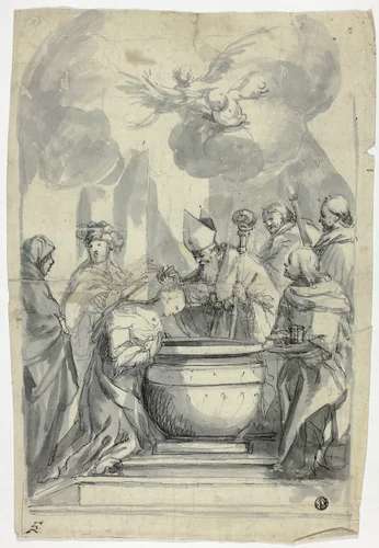 Bishop Annointing Female Saint by Unknown Artist, drawing, 1700-1799