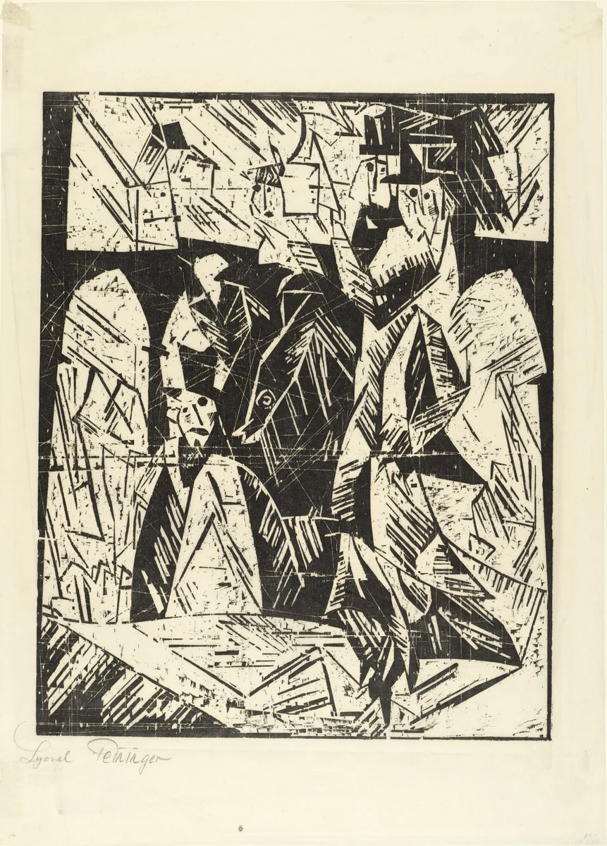 Promenaders (Spaziergänger) from the portfolio New European Graphics, 1st Portfolio: Masters of the State Bauhaus, Weimar , 1921 (Neue europäische Graphik, 1. Mappe: Meister des Staatlichen Bauhauses in Weimar , 1921) by Lyonel Feininger, print, 1918