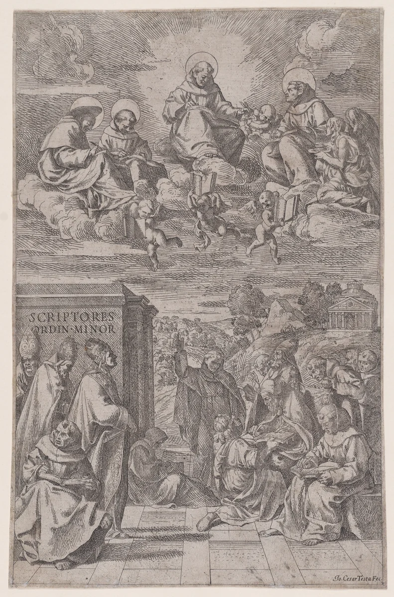 Ecclesiastics in a landscape writing, other in the heavenly realm above by Giovanni Cesare Testa, print, 1630-1660