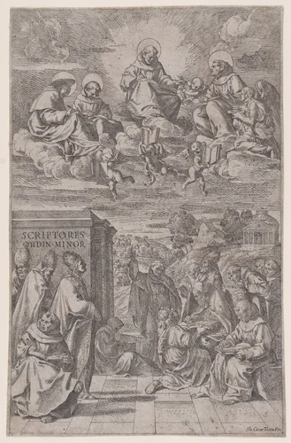 Ecclesiastics in a landscape writing, other in the heavenly realm above by Giovanni Cesare Testa, print, 1630-1660
