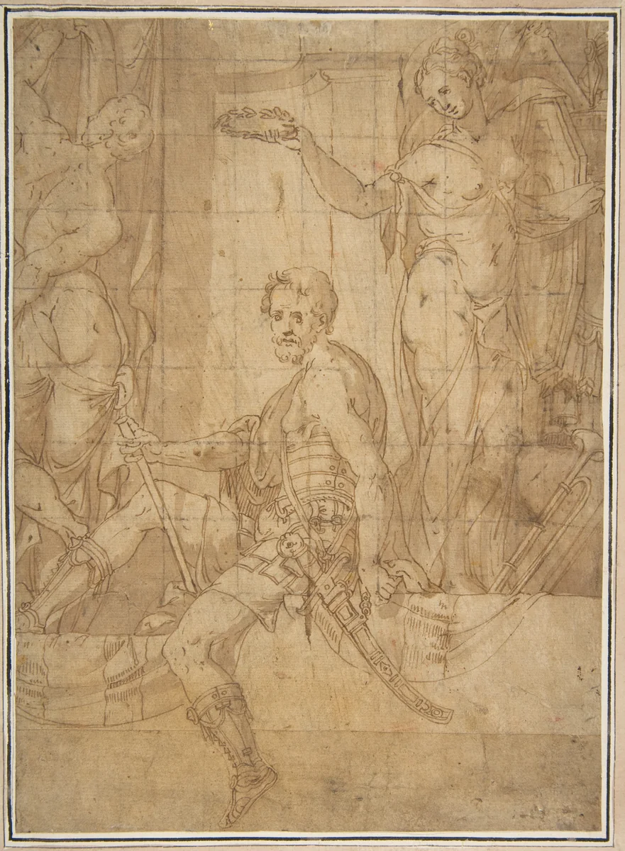 Seated Warrior Between Two Figures by Giambattista Zelotti, drawing, 1526-1578