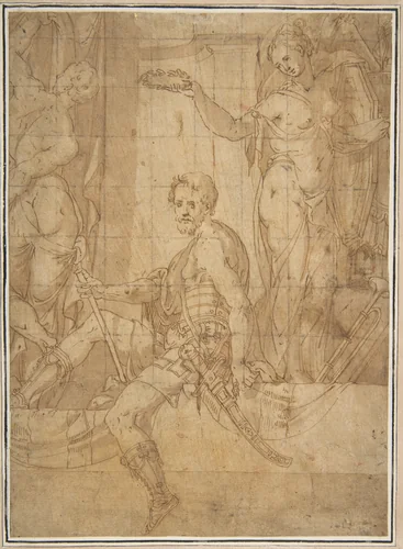 Seated Warrior Between Two Figures by Giambattista Zelotti, drawing, 1526-1578