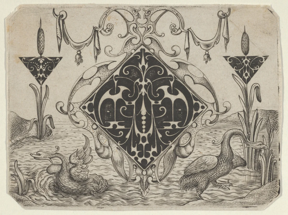 Lozenge-shaped Pendant and Two Triangular Motifs in a Riverscape by Giovanni Battista Costantini, print, 1622