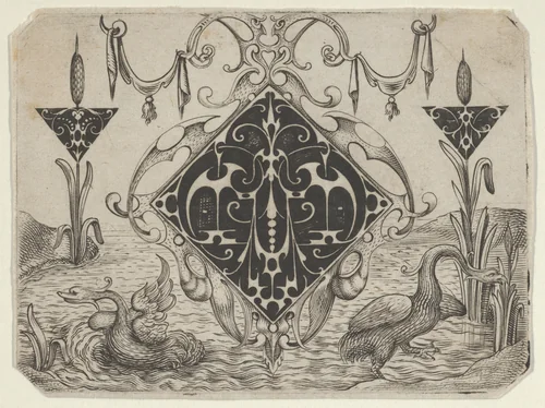 Lozenge-shaped Pendant and Two Triangular Motifs in a Riverscape by Giovanni Battista Costantini, print, 1622