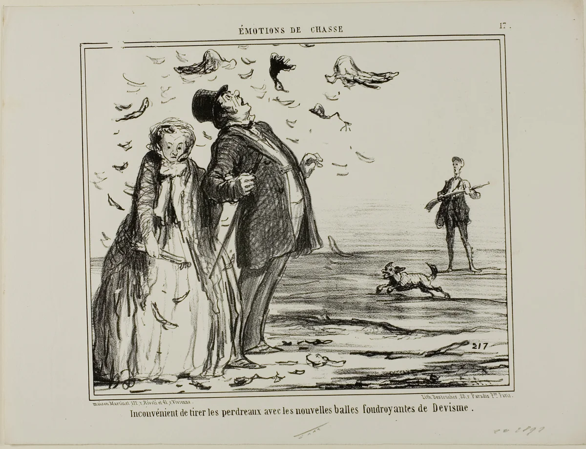 The disadvantage of shooting at young partridges with the new explosive bullets of Devisme, plate 17 from Émotions De Chasse by Honoré-Victorin Daumier, print, 1858