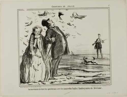 The disadvantage of shooting at young partridges with the new explosive bullets of Devisme, plate 17 from Émotions De Chasse by Honoré-Victorin Daumier, print, 1858