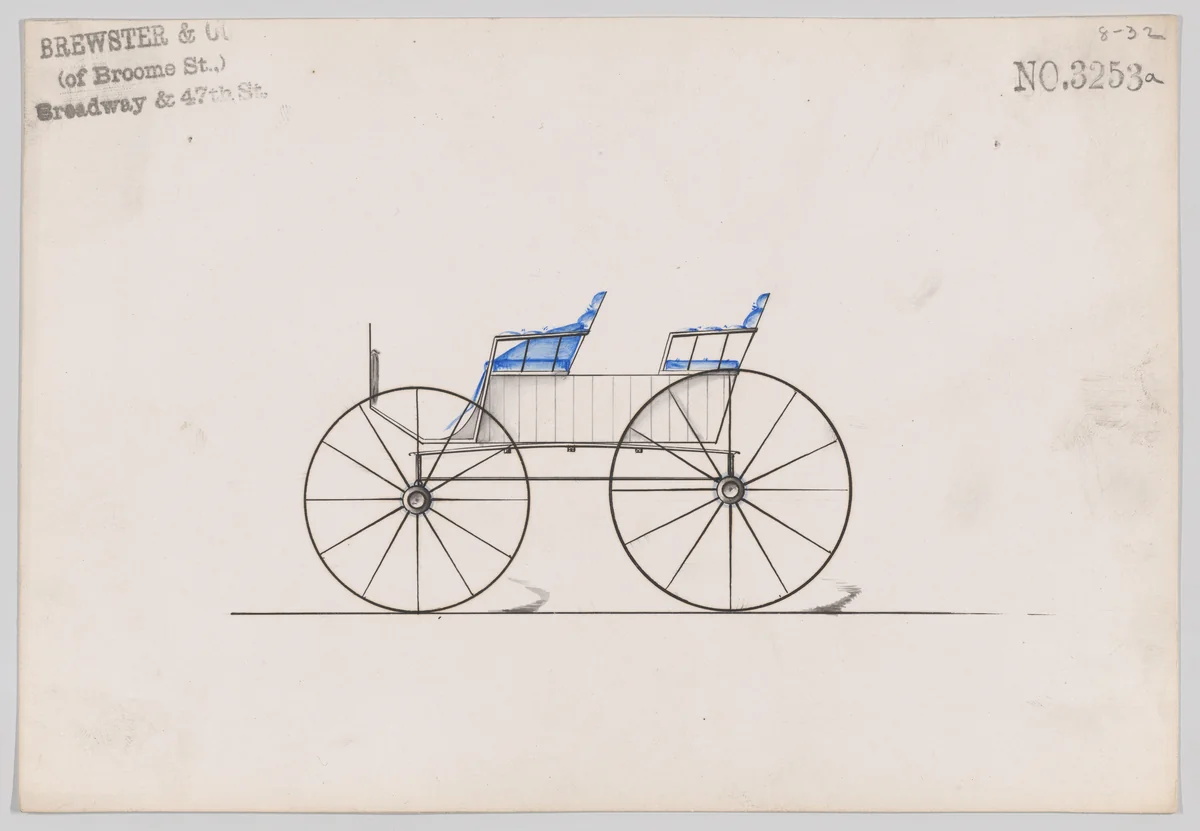 Design for 4 seat Phaeton, no top, no. 3253a by Brewster & Co., drawing, 1876
