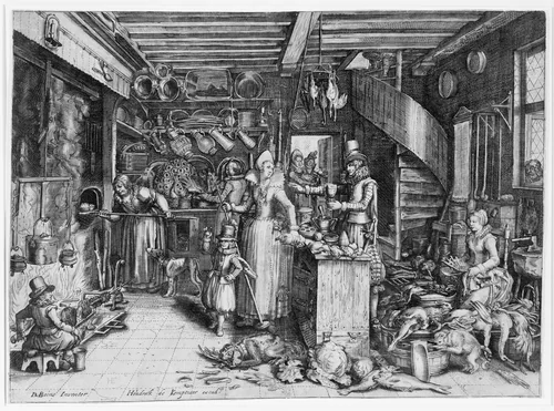 Kitchen Interior by David Vinckboons, print, 1600-1624
