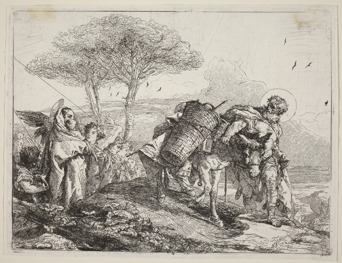 The Madonna and Child at Left, with a File of Angels by Giovanni Domenico Tiepolo, print, 1753