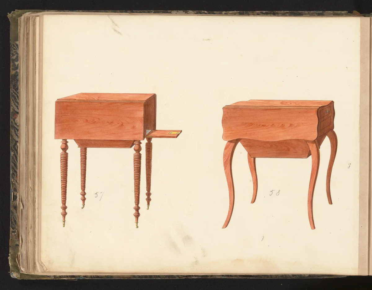 Twee ontwerpen voor nachtkastjes by anonymous, drawing, 1825-1839