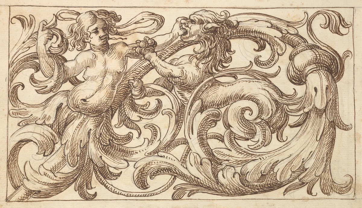Horizontal Panel Design with a Young Man and a (male) Sphinx Interspersed between Acanthus Rinceaux by anonymous, drawing, 1600-1650