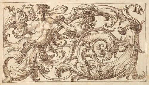 Horizontal Panel Design with a Young Man and a (male) Sphinx Interspersed between Acanthus Rinceaux by anonymous, drawing, 1600-1650