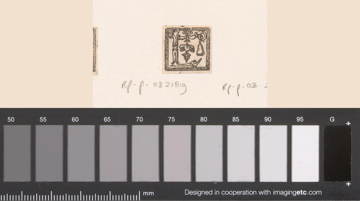 Letter I: ornament met peer en druiventros by anonymous, print, 1556