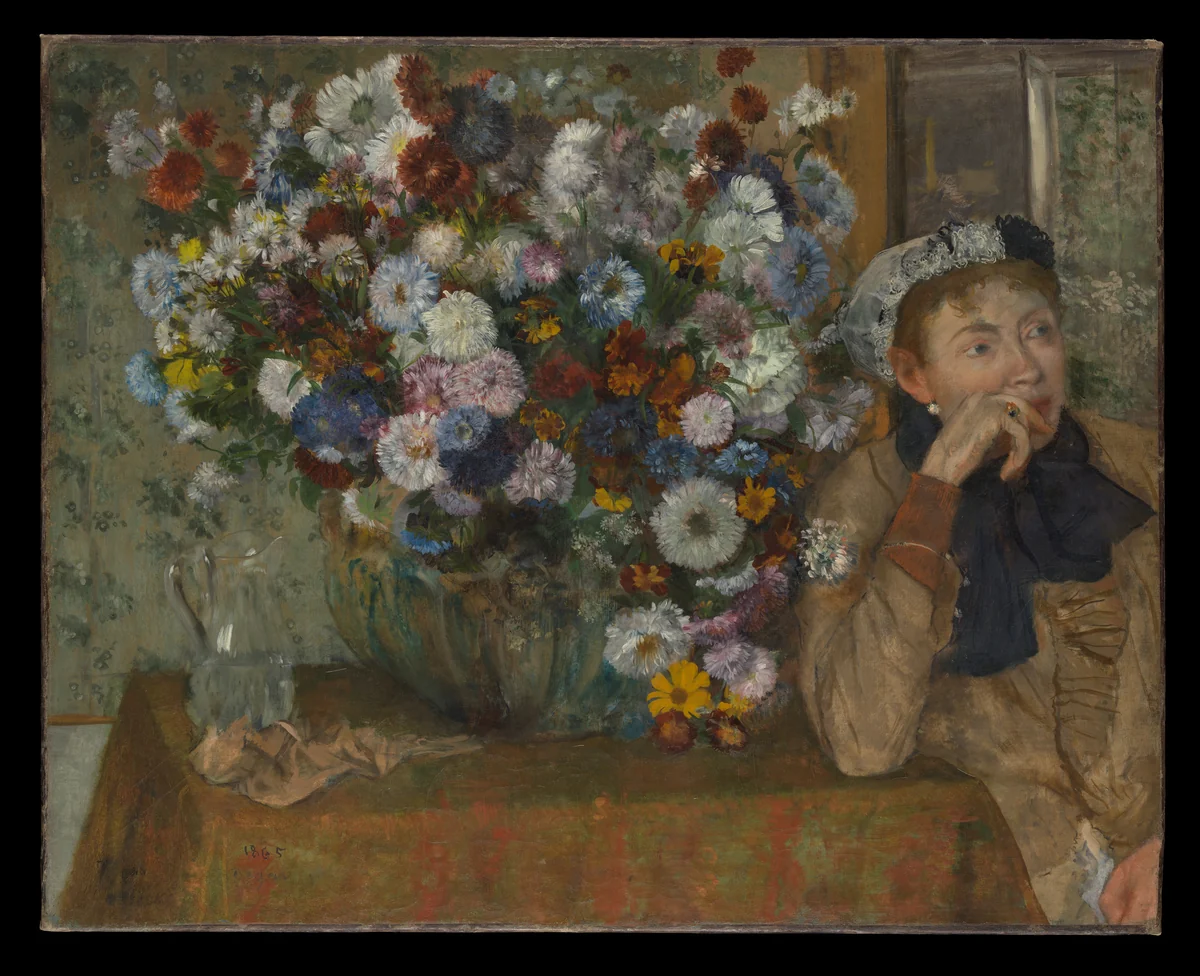 A Woman Seated beside a Vase of Flowers (Madame Paul Valpinçon?) by Edgar Degas, painting, 1865