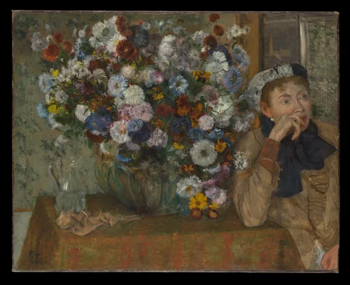 A Woman Seated beside a Vase of Flowers (Madame Paul Valpinçon?) by Edgar Degas, painting, 1865