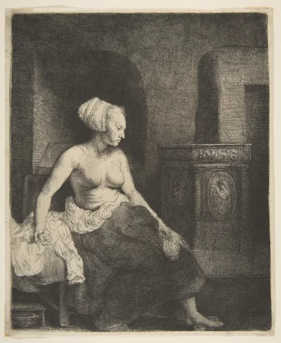Woman Sitting Half-Dressed beside a Stove by Rembrandt van Rijn, print, 1658