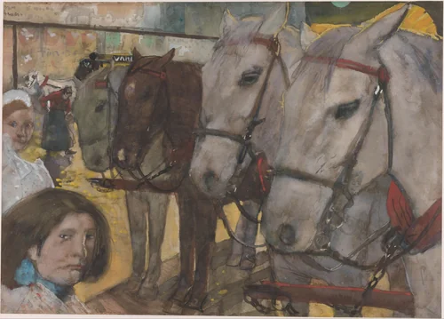 Trampaarden op de Dam te Amsterdam by George Hendrik Breitner, drawing, 1893