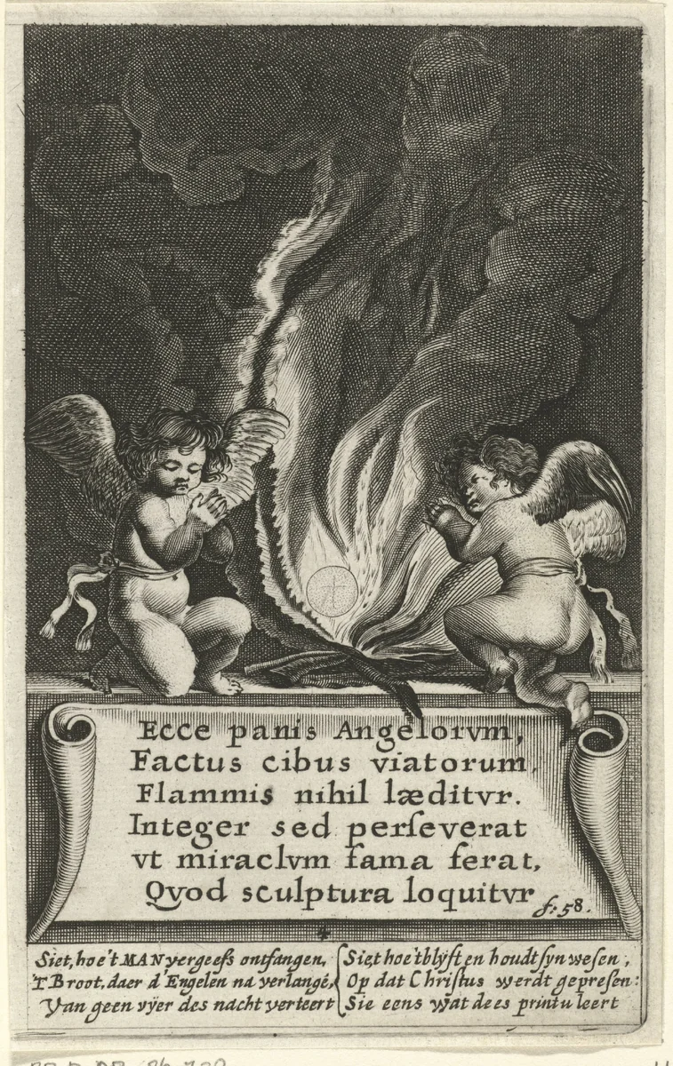 Twee engelen bidden bij vuur met ongeschonden hostie by Boëtius Adamsz. Bolswert, print, 1590-1633