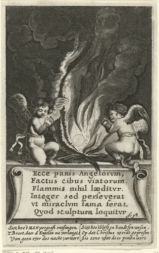 Twee engelen bidden bij vuur met ongeschonden hostie by Boëtius Adamsz. Bolswert, print, 1590-1633
