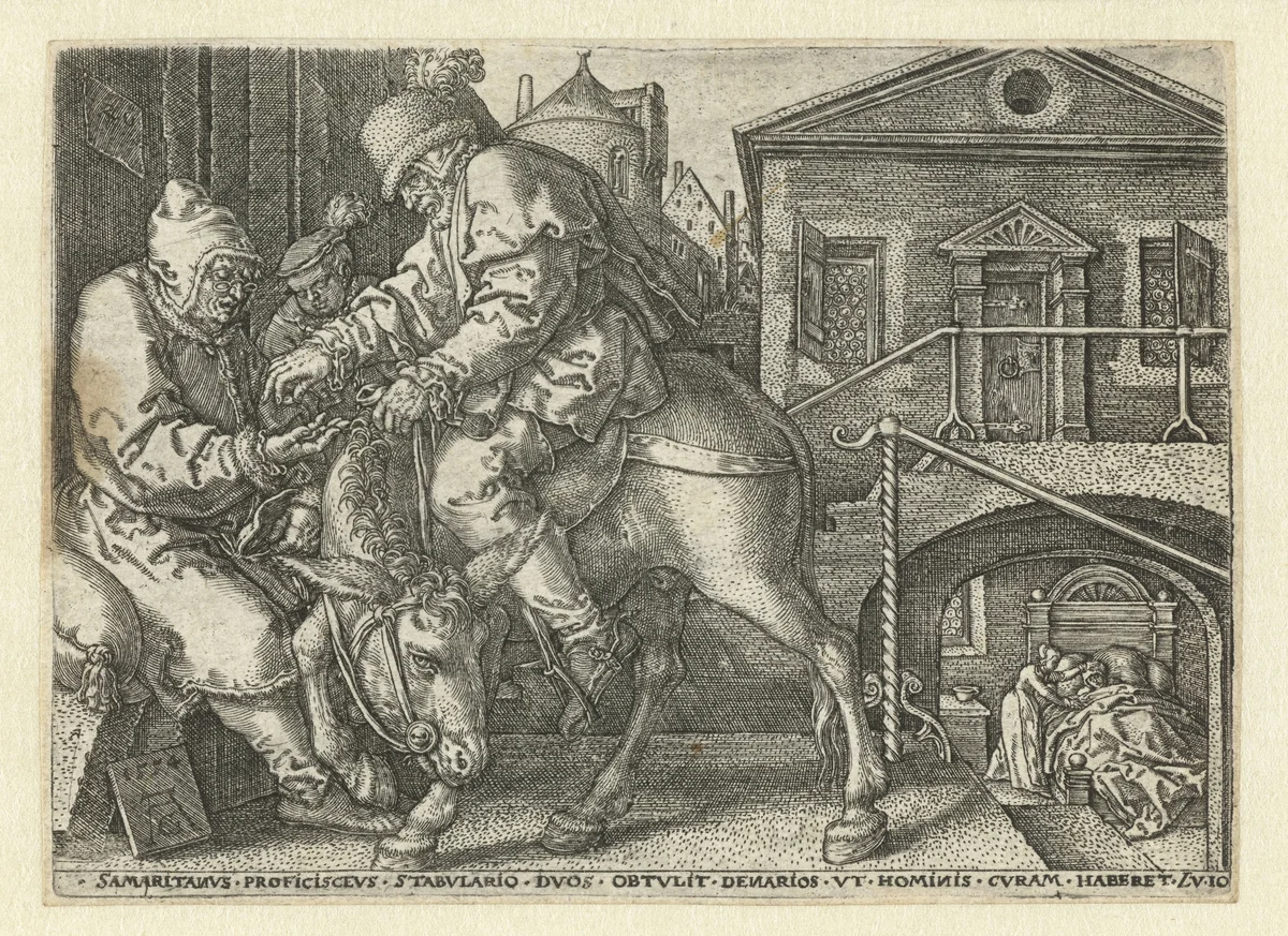 Barmhartige Samaritaan betaalt de herbergier by Unknown, print, 1554