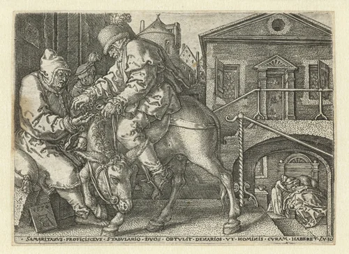 Barmhartige Samaritaan betaalt de herbergier by Unknown, print, 1554
