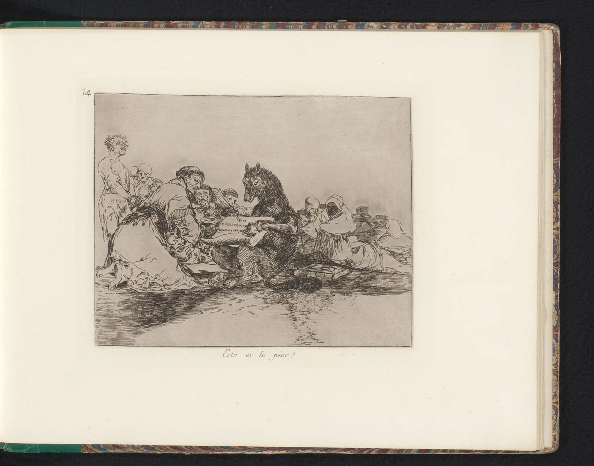 Wolf omringd door geknielde figuren schrijft op een rol by Francisco de Goya, book, 1810-1820