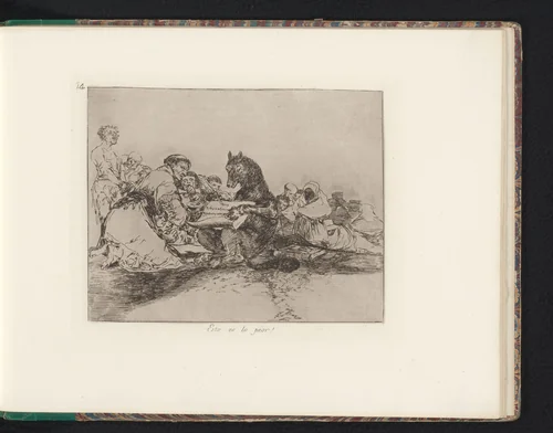 Wolf omringd door geknielde figuren schrijft op een rol by Francisco de Goya, book, 1810-1820