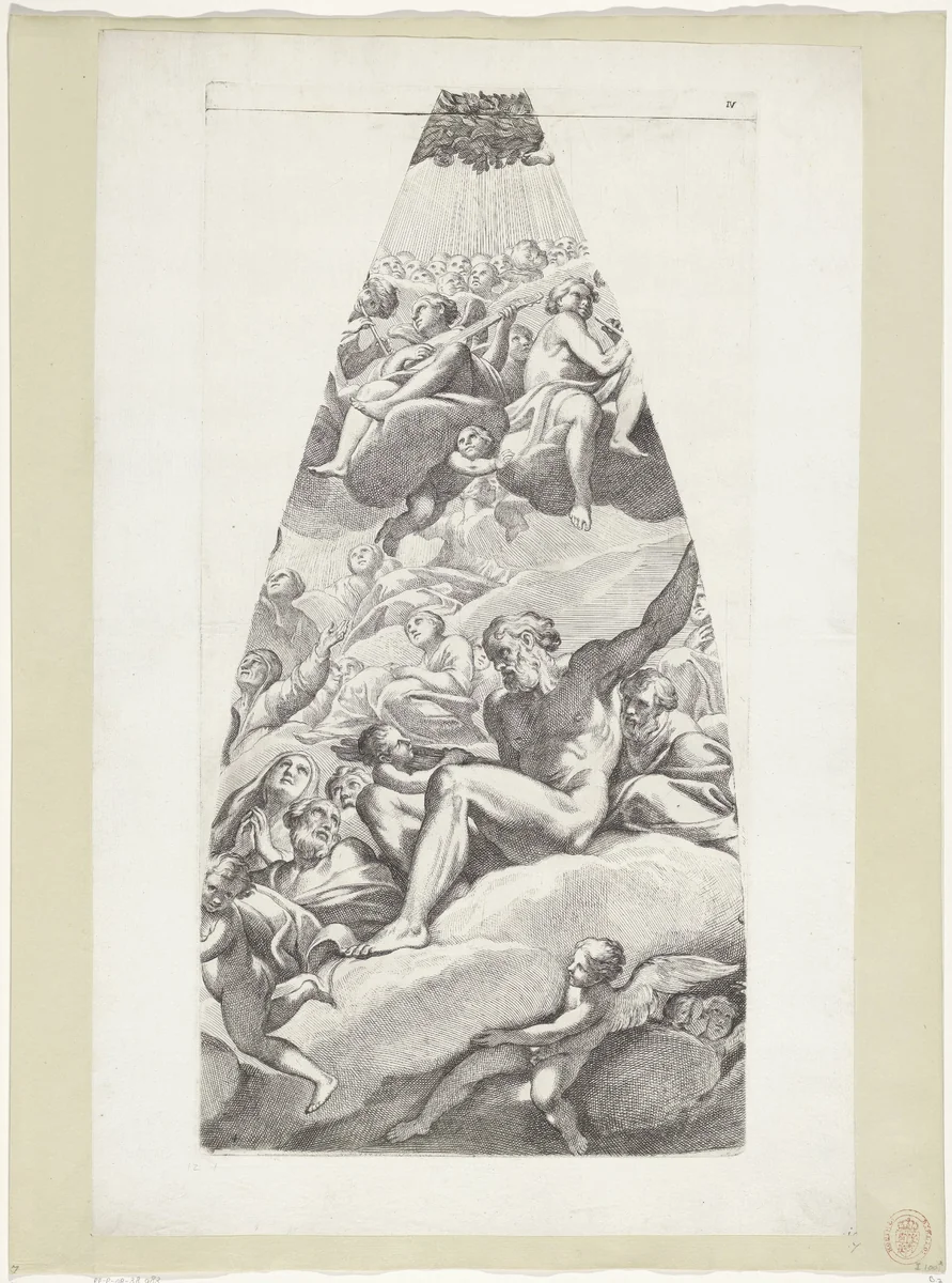 Abraham en Isaak met heiligen gezeten op een wolk by Carlo Cesio, print, 1636-1686