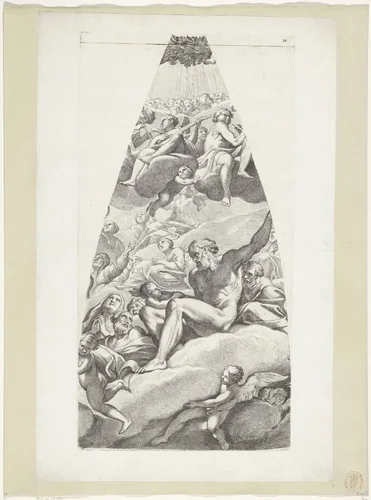 Abraham en Isaak met heiligen gezeten op een wolk by Carlo Cesio, print, 1636-1686