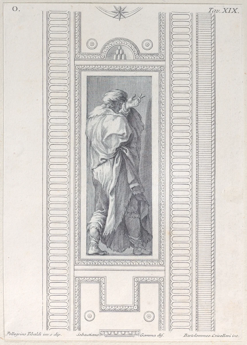 Plate 19: figure seen from behind with left hand raised by Bartolomeo Crivellari, print, 1756