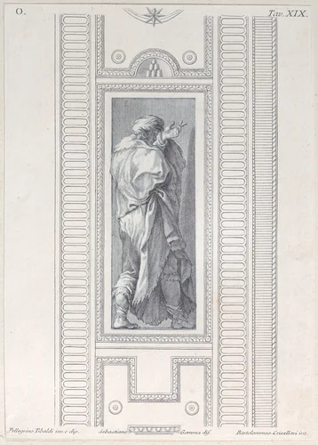 Plate 19: figure seen from behind with left hand raised by Bartolomeo Crivellari, print, 1756