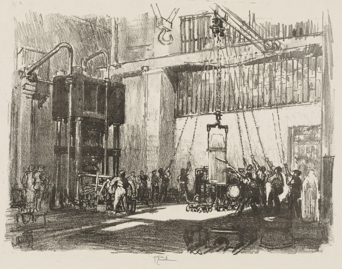 English War Work: Bottling the Big Shell by Joseph Pennell, print, 1916