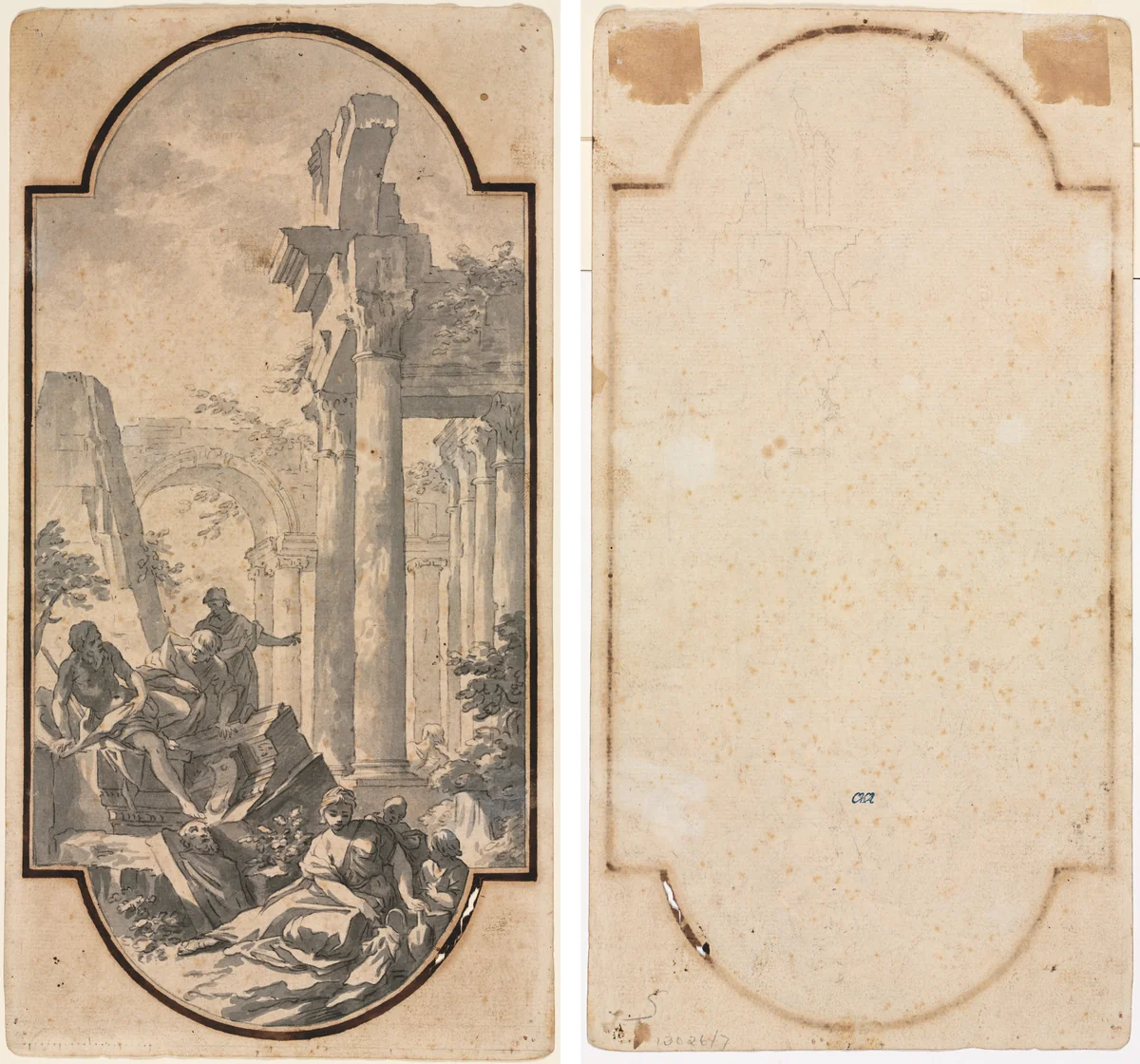 Figures Near the Ruins of a Corinthian Temple (recto); Fragment of an Arch (tracing from recto) (verso) by Andrea Locatelli, drawing, 1700-1741