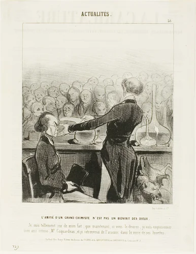 Friendship With a Great Chemist is Not Always a Godsend… “I am so sure of my findings that I will now poison my best friend, Mr. Coquardeau, and I will retrieve arsenic in his eyeglasses,” plate 39 from Émotions Parisiennes by Honoré-Victorin Daumier, print, 1841