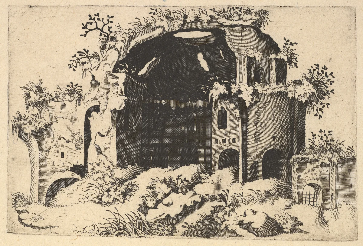 Horizontal Landscape with the remains of the Nymphaeum, mistakenly identified as the Temple of Minerva Medica in Rome, from the series 'Ruinarum variarum fabricarum delineationes pictoribus caeterisque id genus artificibus multum utiles' by Lambert Suavius, book, 1554