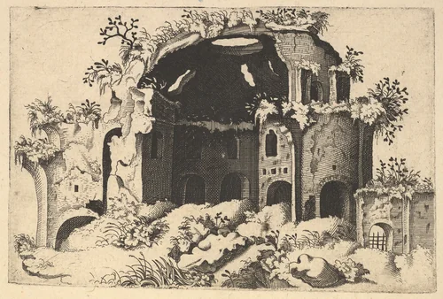 Horizontal Landscape with the remains of the Nymphaeum, mistakenly identified as the Temple of Minerva Medica in Rome, from the series 'Ruinarum variarum fabricarum delineationes pictoribus caeterisque id genus artificibus multum utiles' by Lambert Suavius, book, 1554